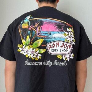 Vintage 2000s Ron Jon Surf Shop Panama Black Graphic Tee with Tropical Design